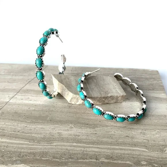 NEW ~ Free People Turquoise Stone "Buckaroo Hoops" Silver Earrings - Picture 9 of 16